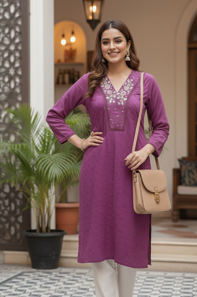 Hand-Touched Machine Embroidered Chikankari Kameez with Trouser & Farshi Shalwar