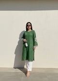 Forest Green Chikankari Shirt with Dual-Style Bottoms (Trouser & Farshi Shalwar)