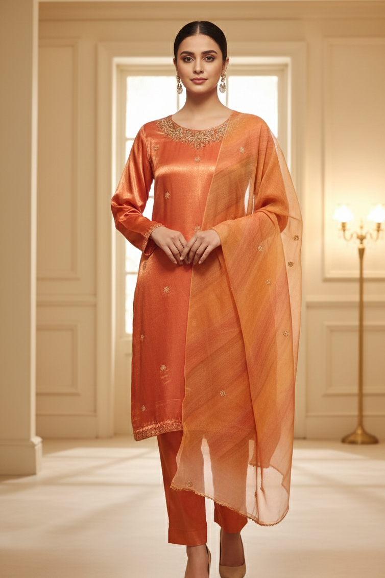 Burnt Orange Silk 3-Piece Suit with Hand-Worked Organza Dupatta