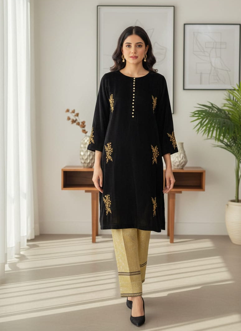 Midnight Noir Embroidered Velvet Tunic Set