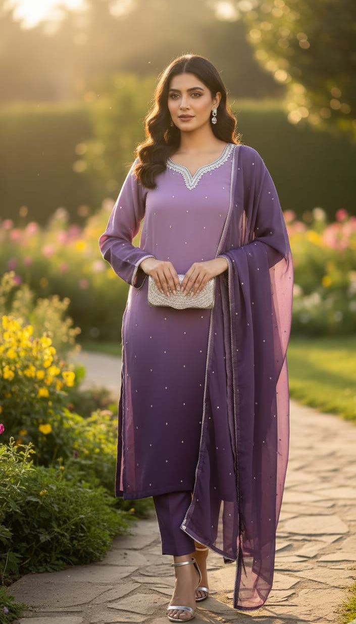 Lavender Fields Embroidered Suit💜 Trouser/Crush plazo