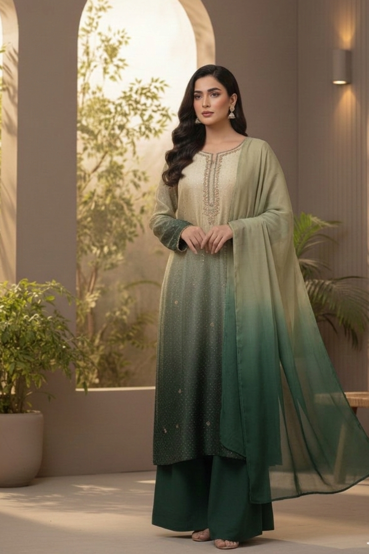 Ethereal Ombré Silk Suit with Hand-Embellished Neckline