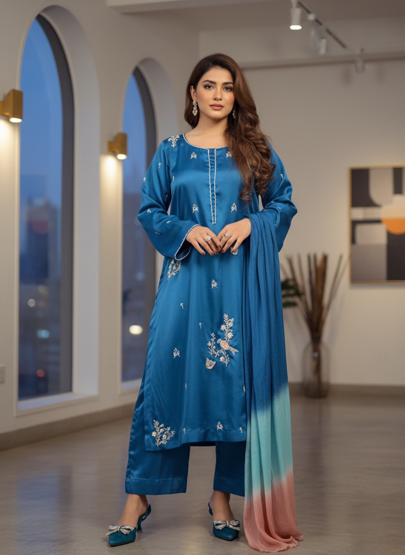 Teal Shamose Silk Co-ord with Tri-Tone Ombré Dupatta