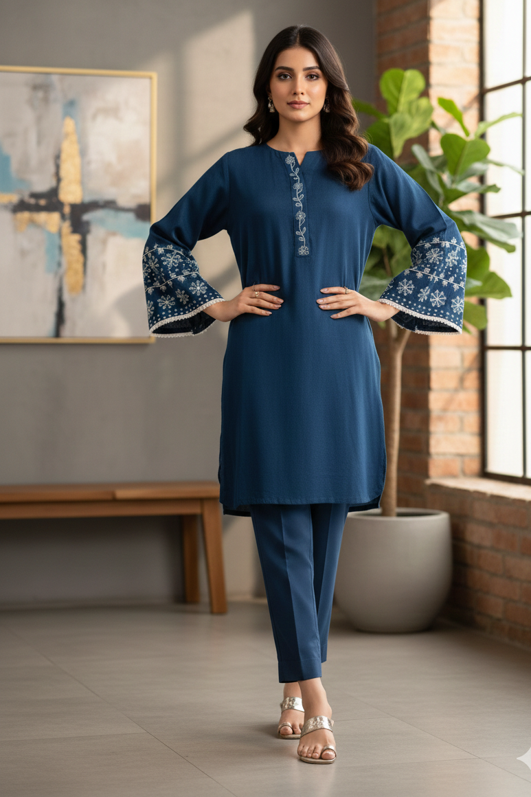 Midnight Blue Embroidered Khaadi Silk – 2 Piece Co-ord Set
