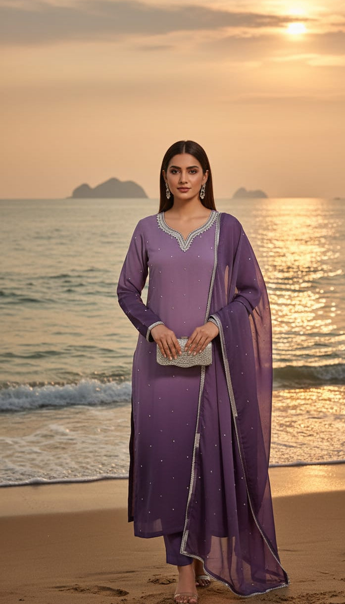 Lavender Fields Embroidered Suit💜 Trouser/Crush plazo