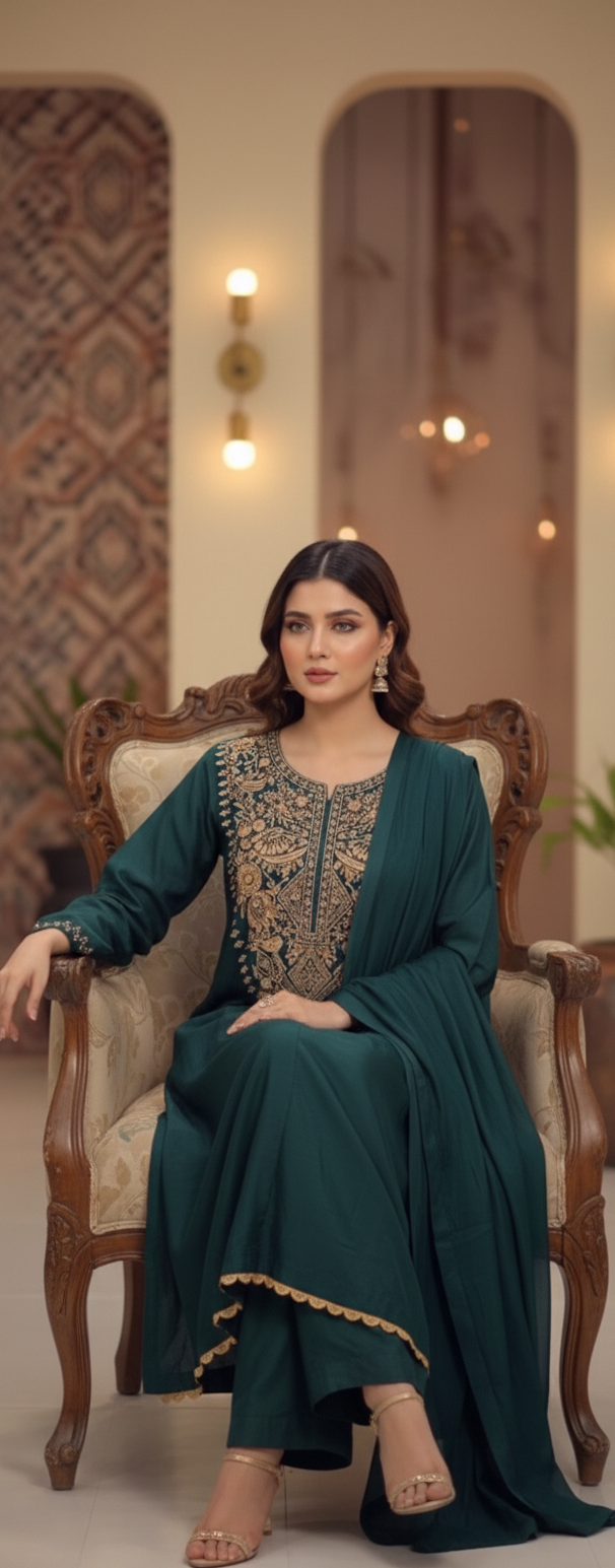 Emerald Enigma – Embroidered Sheesha Silk 3-Piece Suite