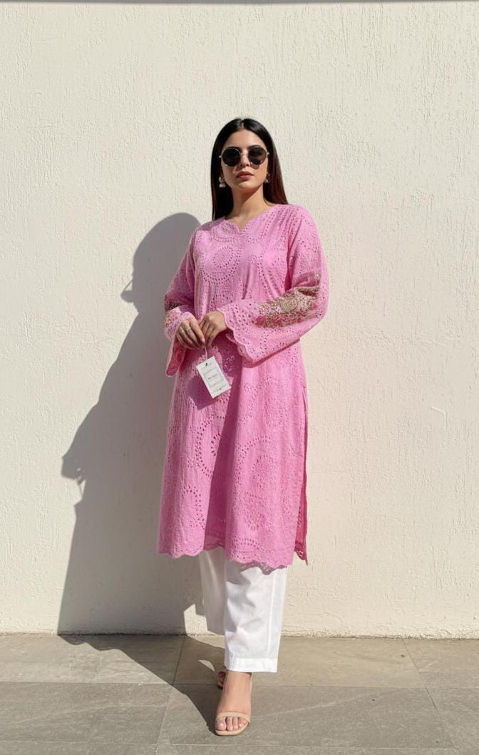 Hand-Work Sleeve Pink Chikankari Suit – Includes Farshi Shalwar or Trouser