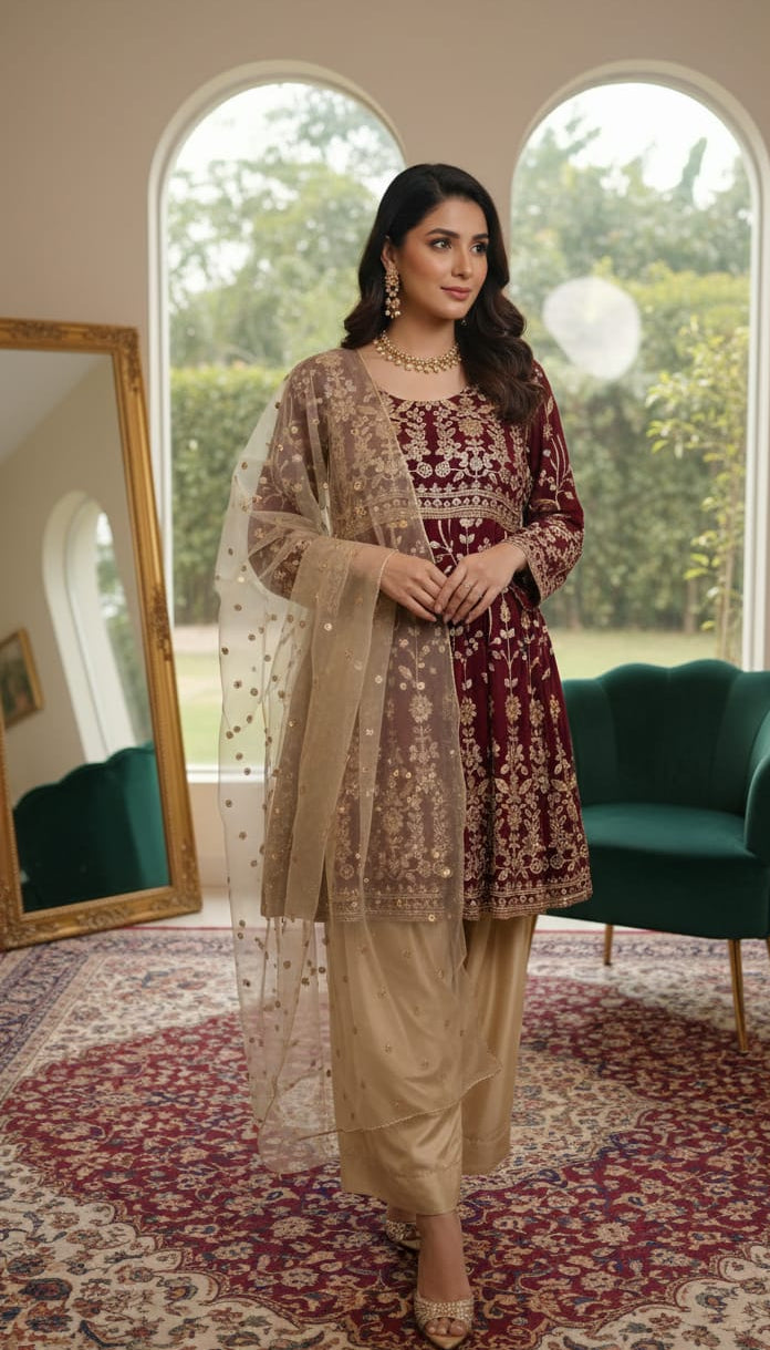 Deep Maroon Sequin Peplum & Silk Palazzo Set