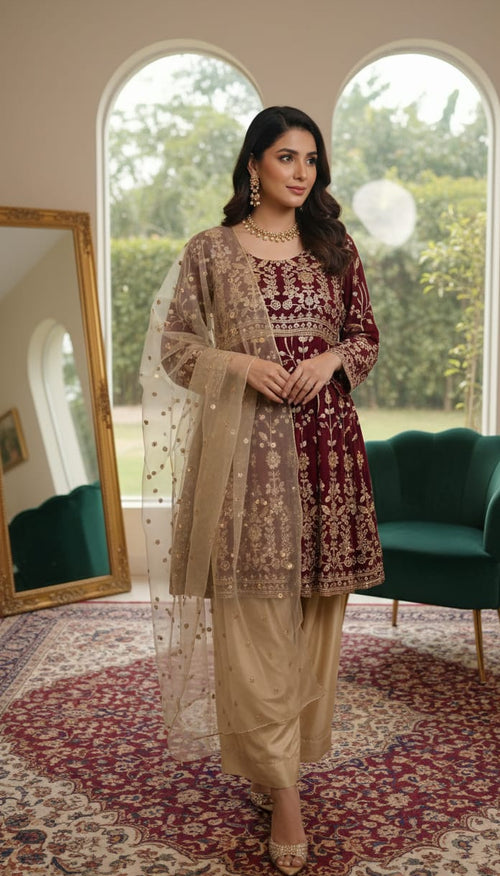 Deep Maroon Sequin Peplum & Silk Palazzo Set