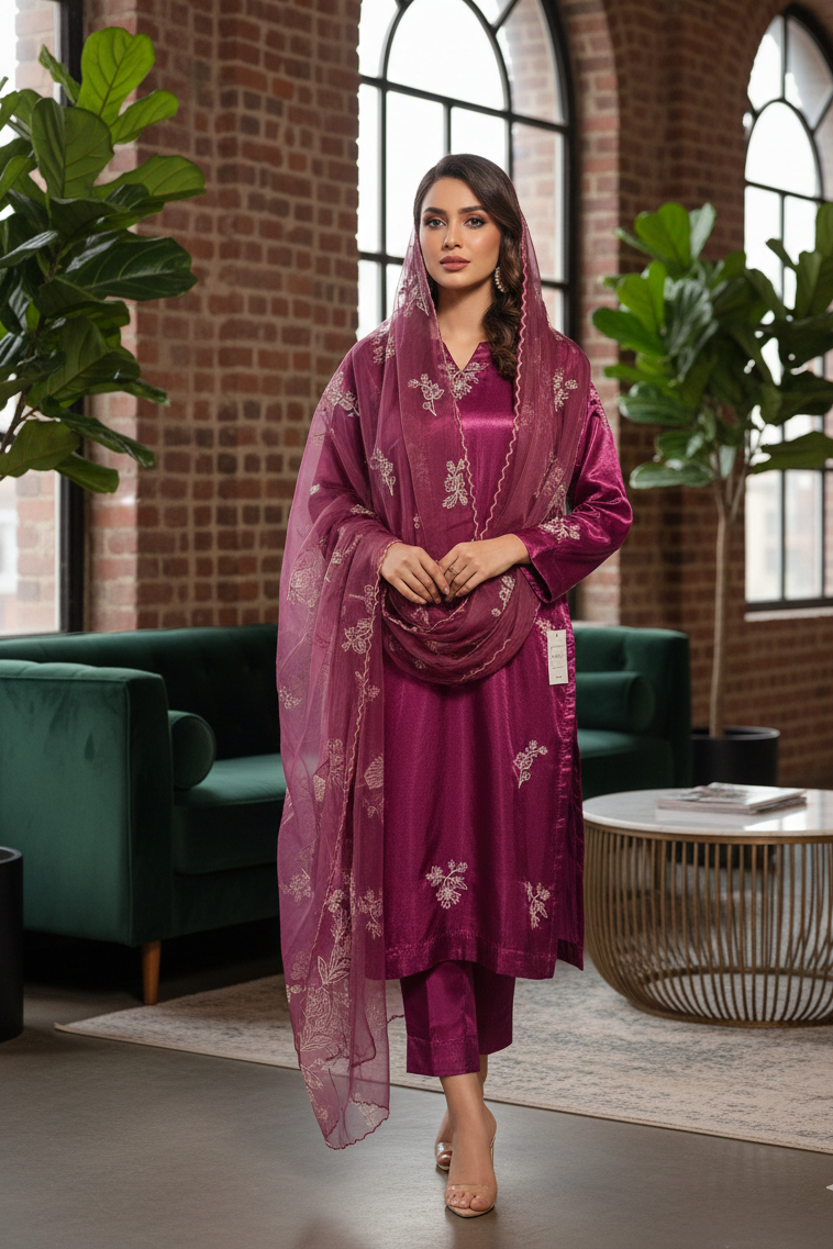 Elegant Silk Shirt & Embroidered Organza Dupatta