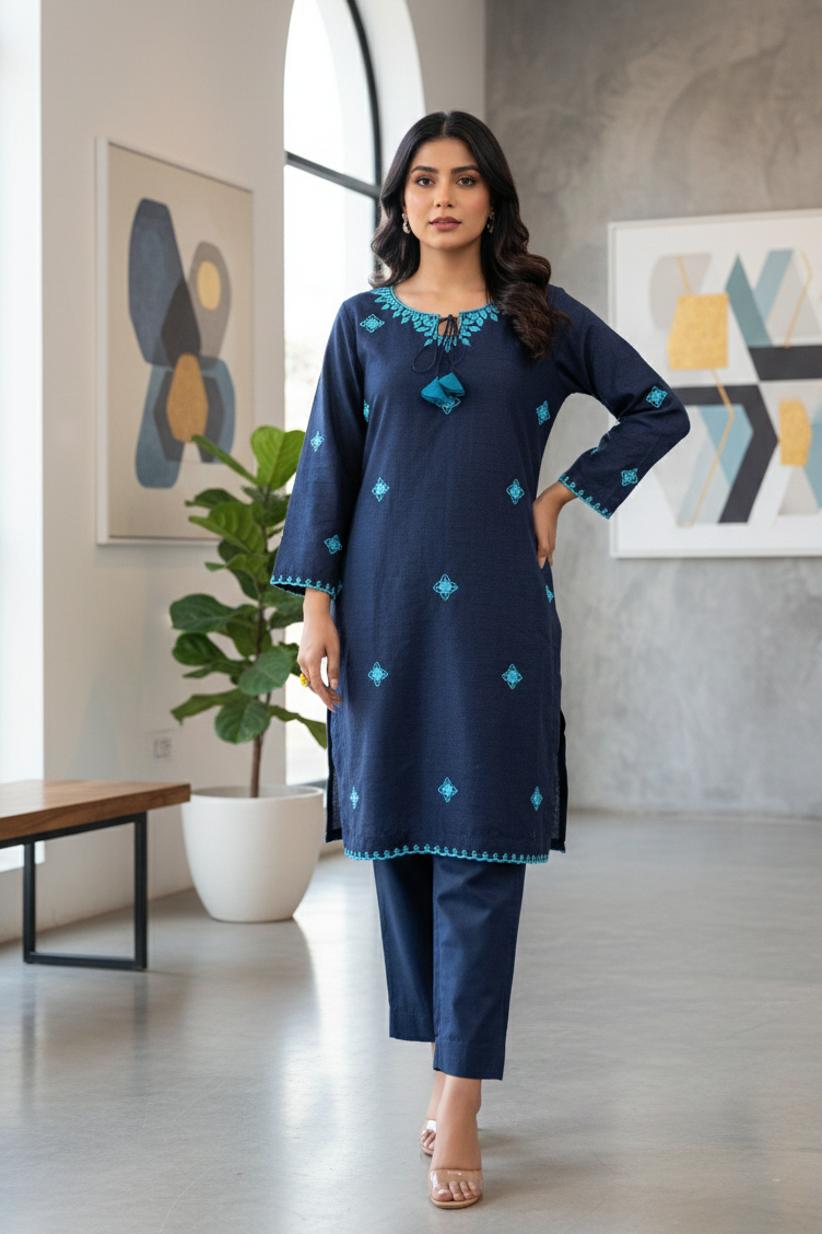 Azure Grace: Raw Silk Shirt & Trouser Set with Machine-Embroidered Neckline