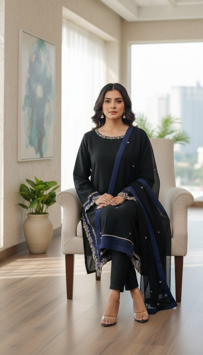 Midnight Bloom – Hand-Embellished Khaadi Net & Organza Ensemble