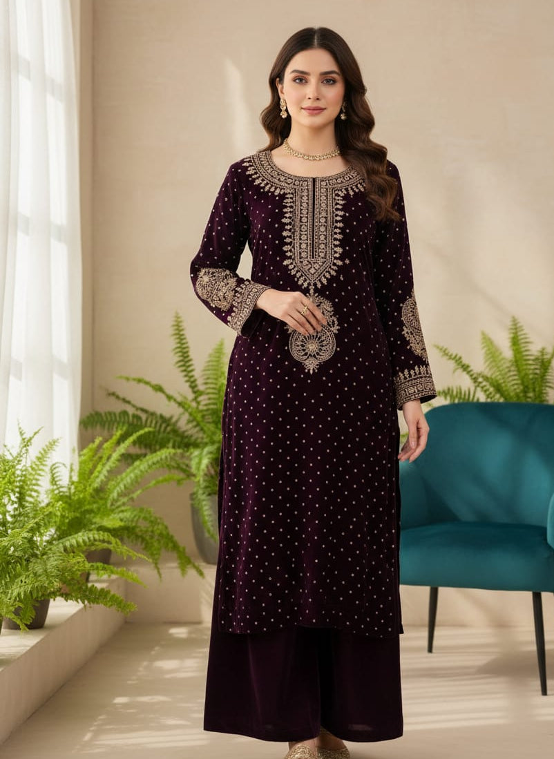 Deep Plum Embroidered Velvet Kurta & Palazzo Set