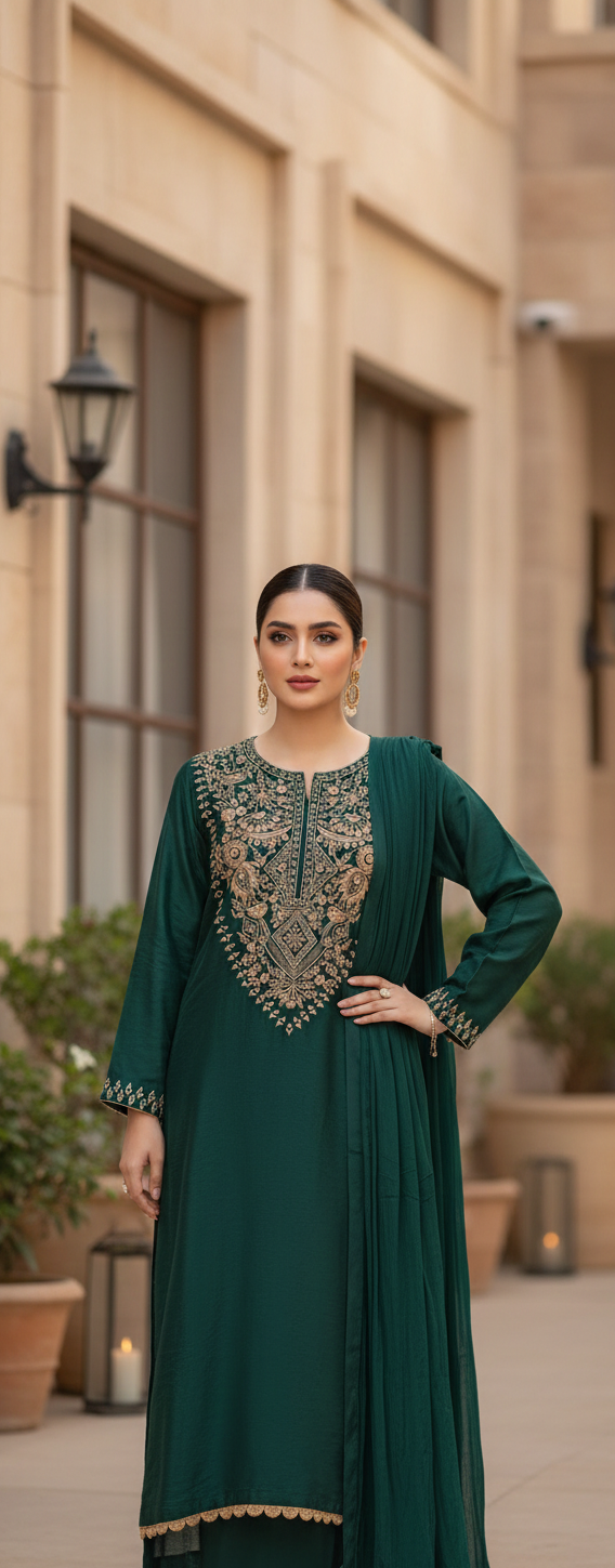 Emerald Enigma – Embroidered Sheesha Silk 3-Piece Suite