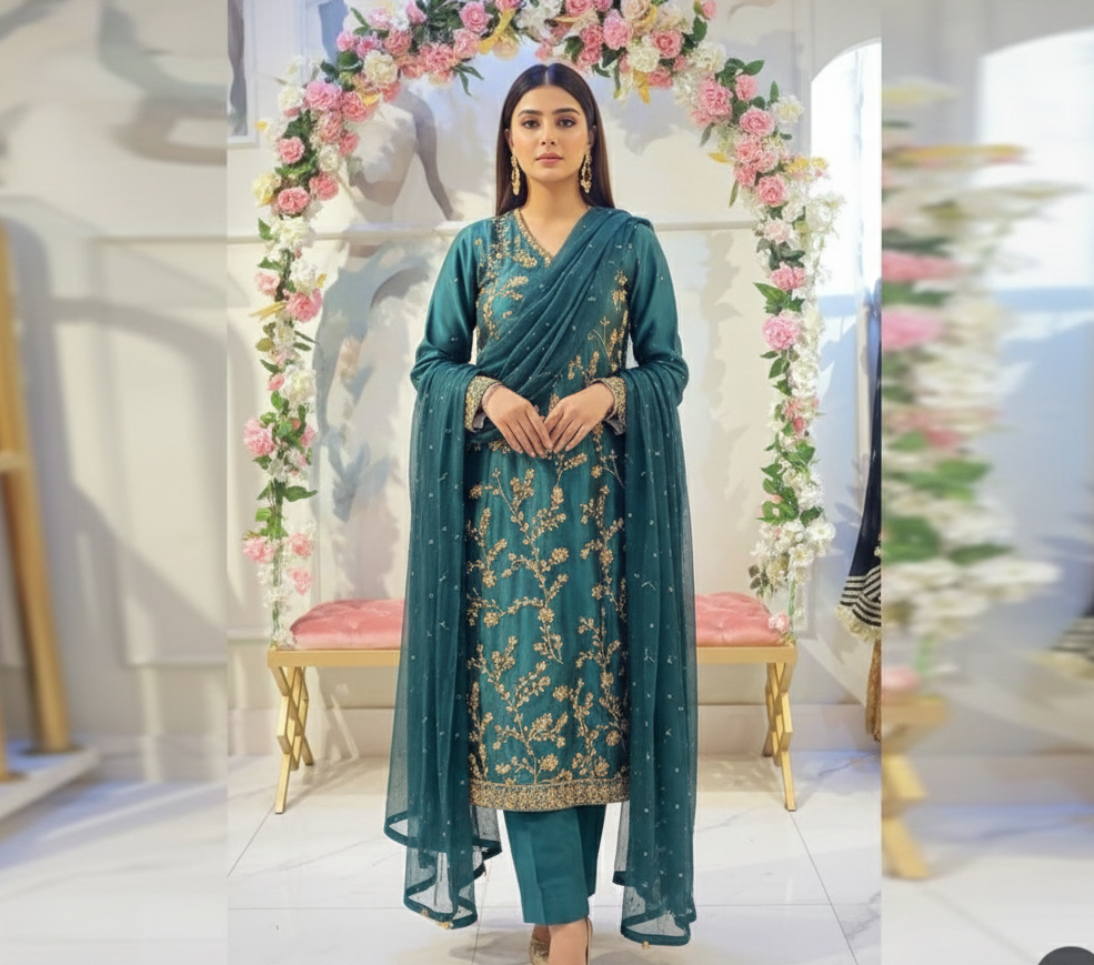 Forest Green Sheesha Silk Ensemble – 3 Piece Formal Wear
