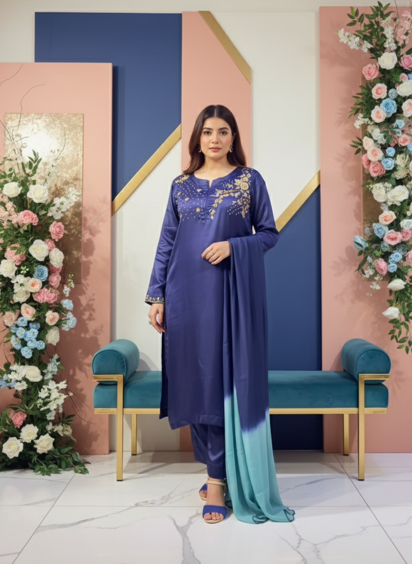 Deep Navy Hand-Crafted Shamose Silk Set with Dual-Tone Wrap