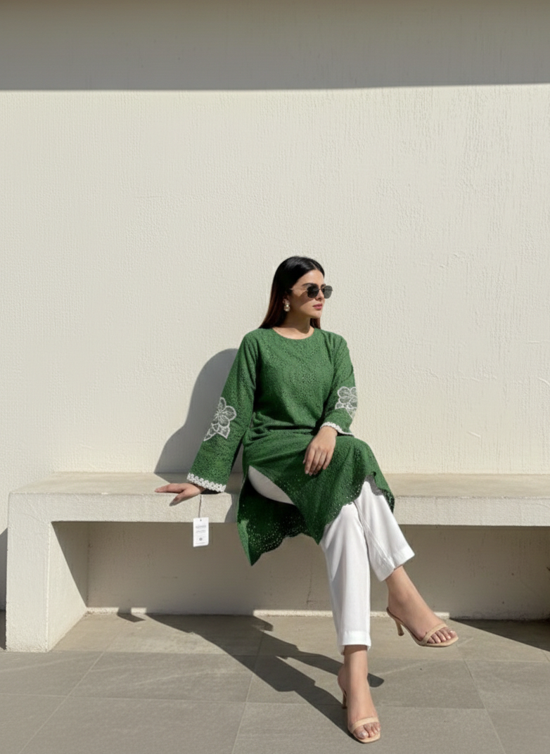 Forest Green Chikankari Shirt with Dual-Style Bottoms (Trouser & Farshi Shalwar)