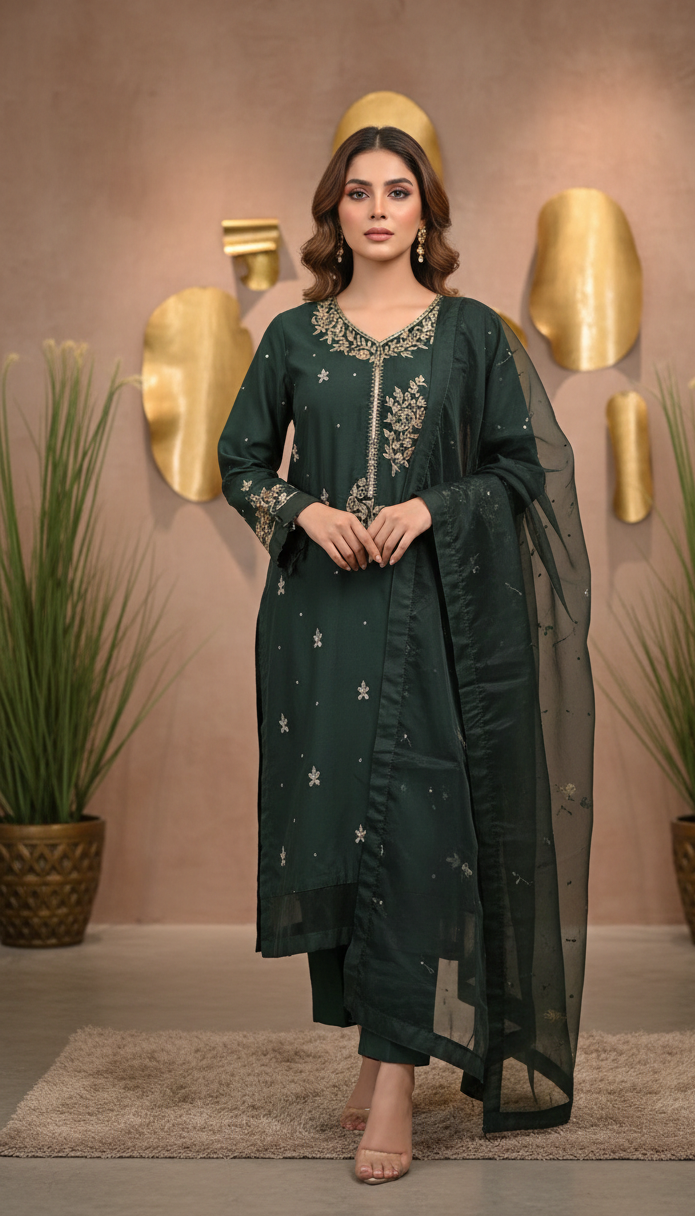 Emerald Green Hand-Embellished Organza Suite – 3 Piece