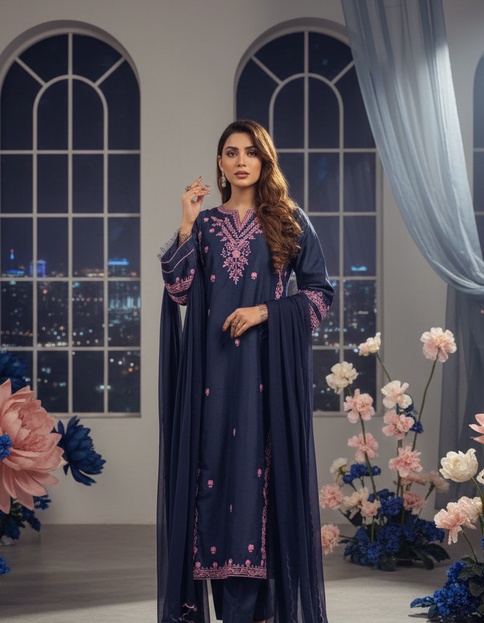Midnight Navy Embroidered Kurta Set with Pink Accents