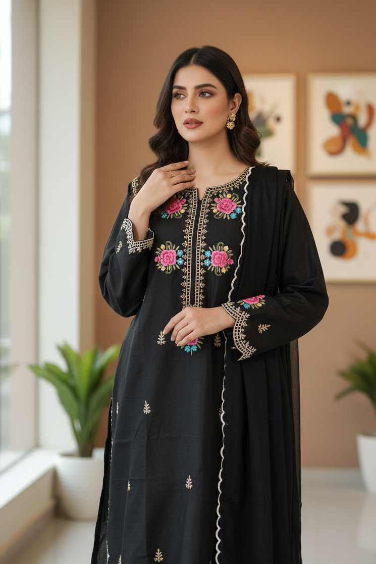 Midnight Bloom Raw Silk Kaftan Set