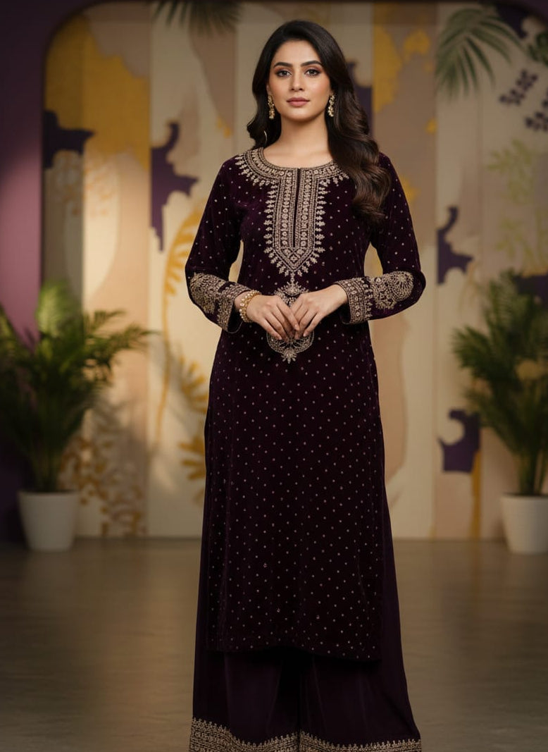 Deep Plum Embroidered Velvet Kurta & Palazzo Set