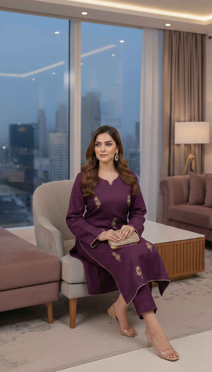 Plum Hand-Worked Khaadi Net 3pc Festive Suit