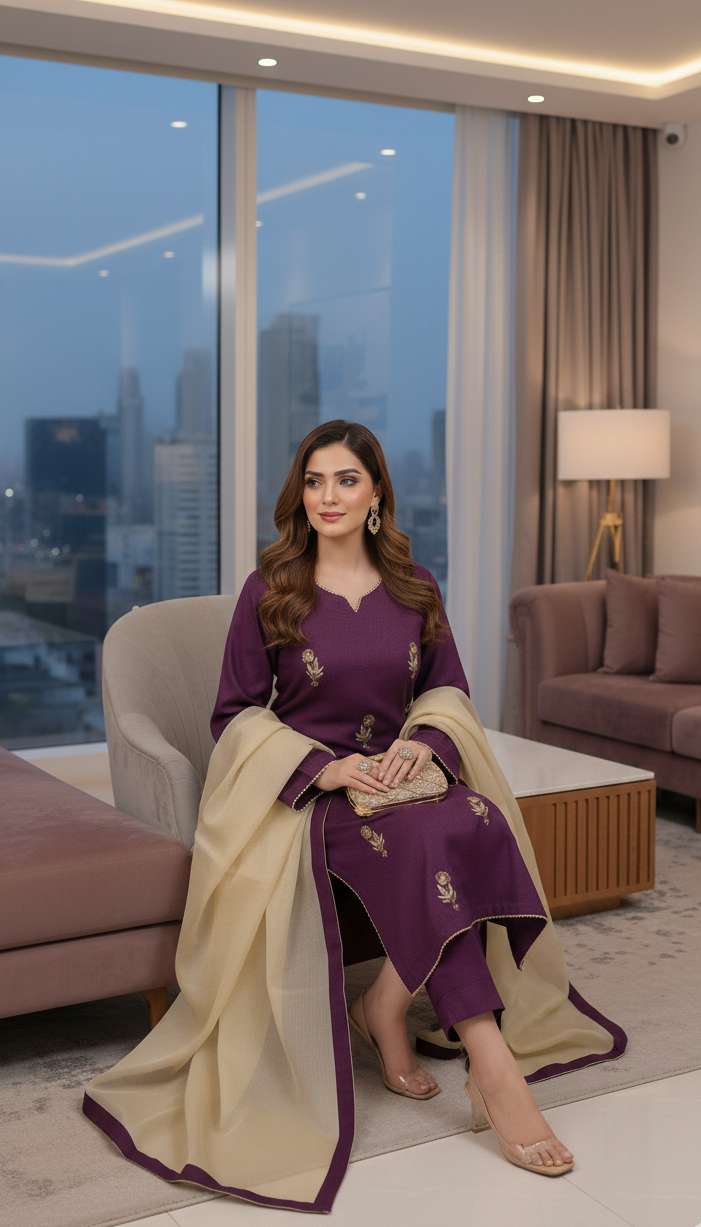 Plum Hand-Worked Khaadi Net 3pc Festive Suit