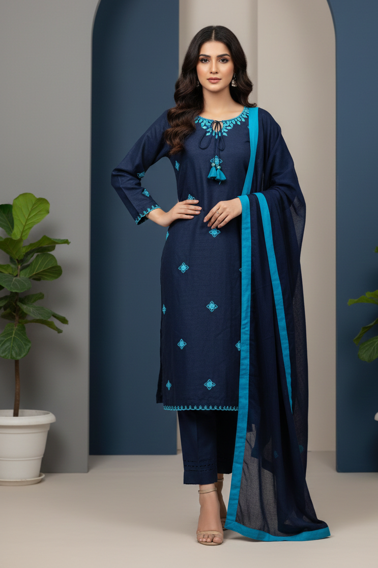 Azure Grace: Raw Silk Shirt & Trouser Set with Machine-Embroidered Neckline