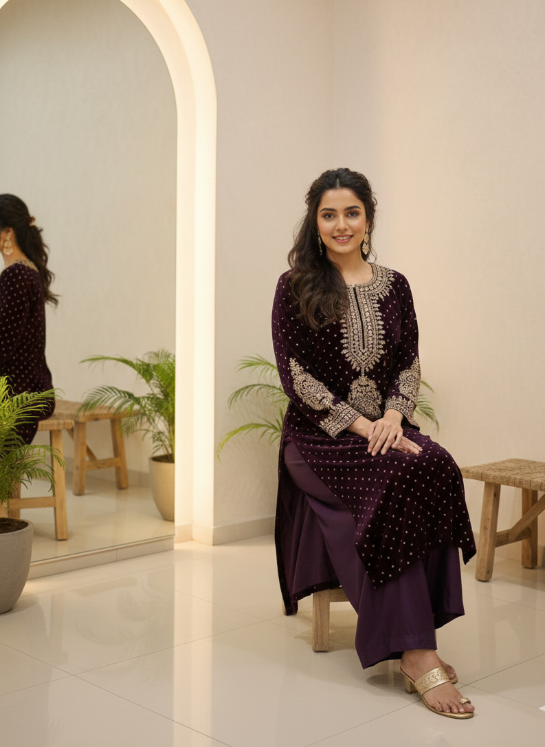 Deep Plum Embroidered Velvet Kurta & Palazzo Set
