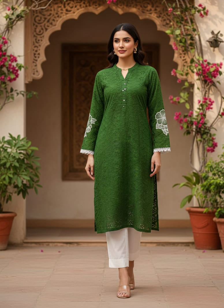Forest Green Chikankari Shirt with Dual-Style Bottoms (Trouser & Farshi Shalwar)