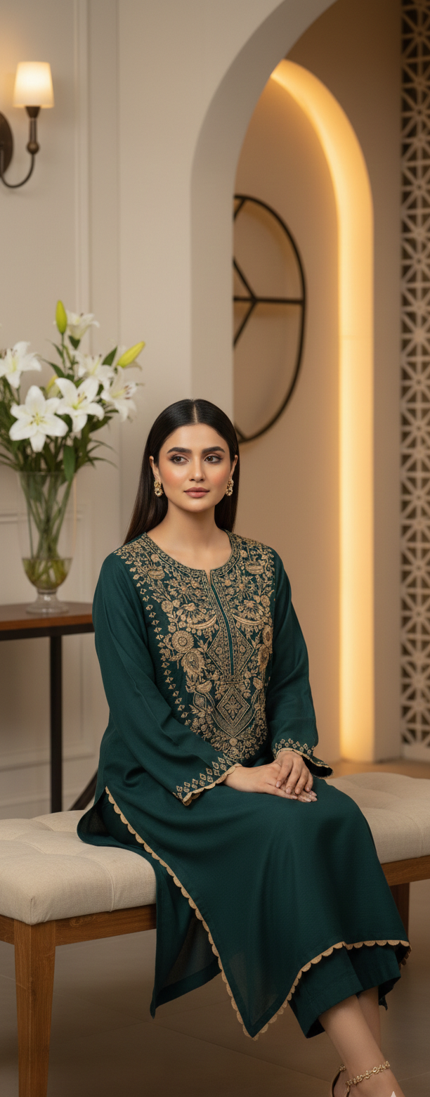 Emerald Enigma – Embroidered Sheesha Silk 3-Piece Suite