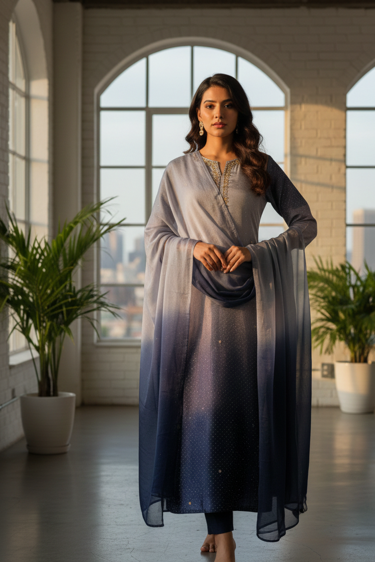 Hand-Embroidered Lama Tissue Kurta with Double-Shade Silk Dupatta