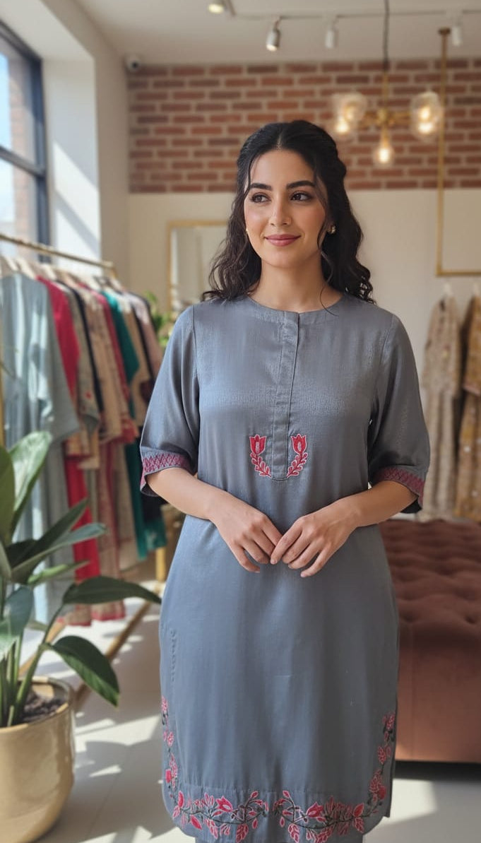 "The Slate Serenity: Embroidered Velvet Silk Co-ord"