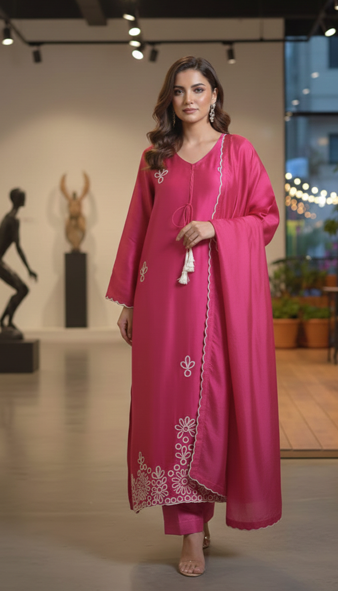 Fuchsia Sheesha Silk Embroidered 3-Piece Suite
