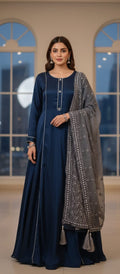 The Perfect Wedding Guest Look: Navy Silk Maxi with Intricate Grey Dupatta