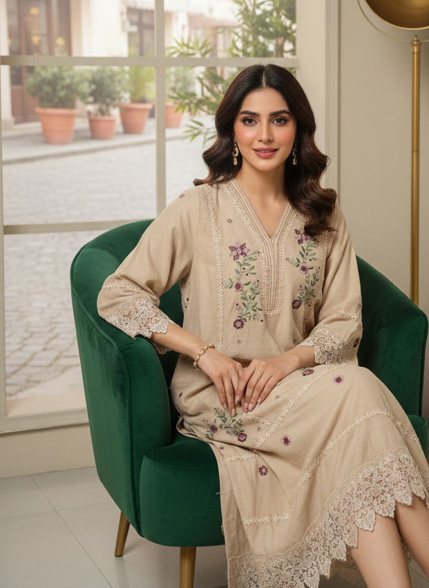 Floral Bloom Khaadi Net Suit – Intricate Machine Work & Lace Detailing