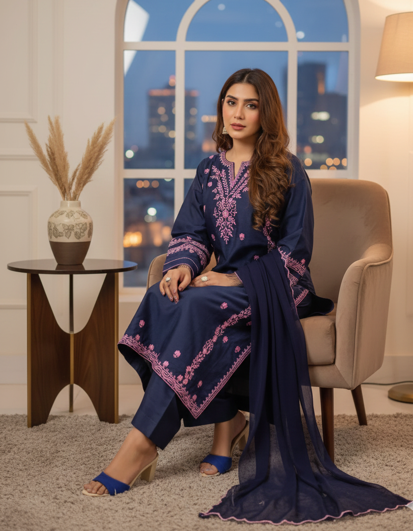 Midnight Navy Embroidered Kurta Set with Pink Accents