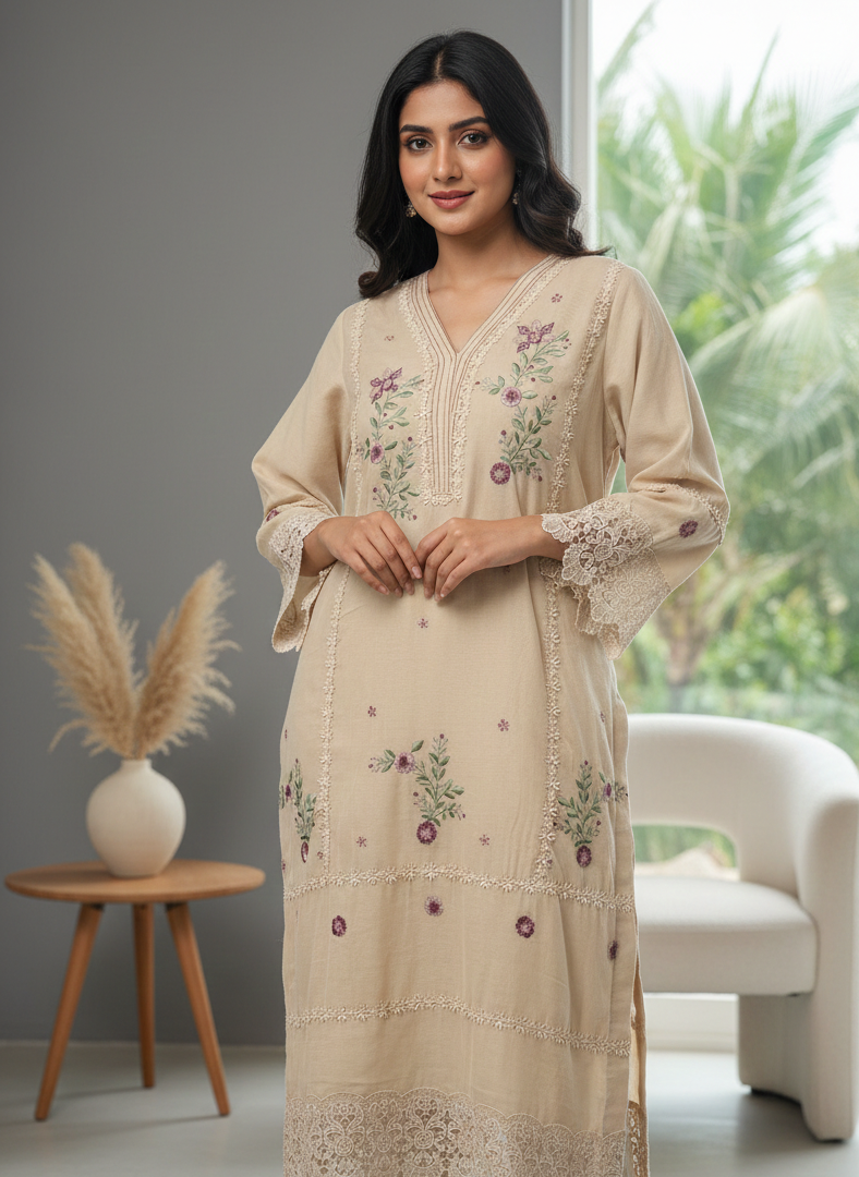 Floral Bloom Khaadi Net Suit – Intricate Machine Work & Lace Detailing