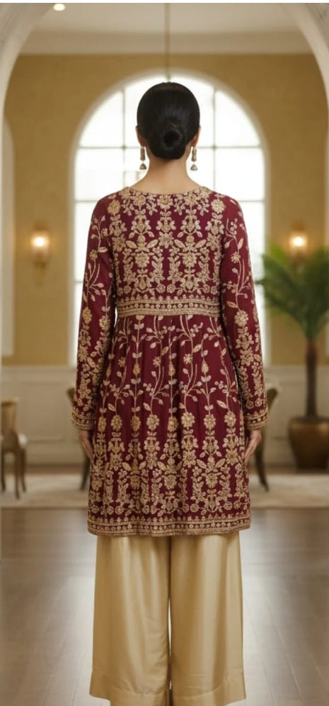 Deep Maroon Sequin Peplum & Silk Palazzo Set