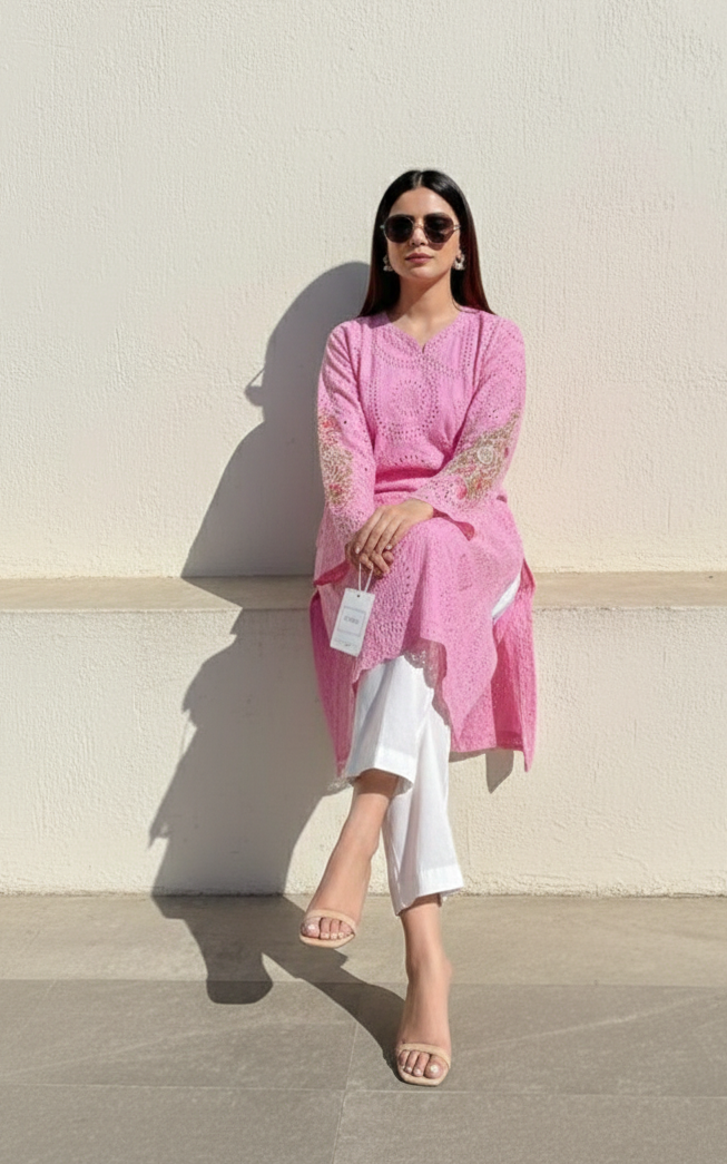 Hand-Work Sleeve Pink Chikankari Suit – Includes Farshi Shalwar or Trouser